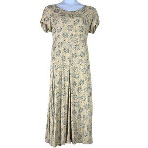 Vintage Size M/L Dress Salaam Short Sleeve Maxi Tie Back Blue Beige Floral FLAW
